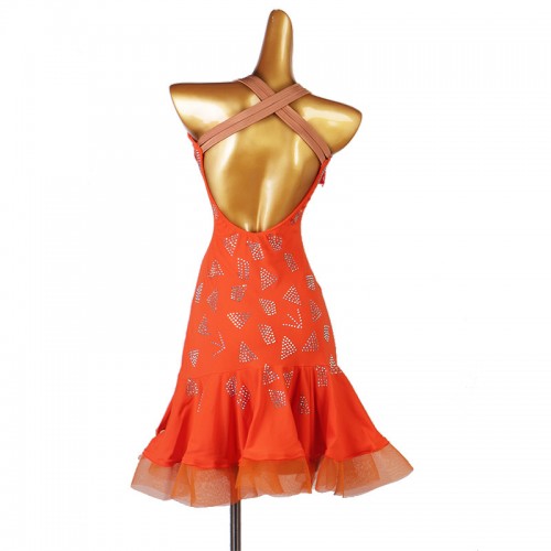 Customizable Latin Dance Dresses for women girls orange color competition professional bling fringe latin dance clothing rumba salsa chacha dance dress for female 